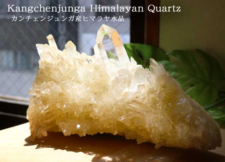 カンチェンジュンガ産ヒマラヤ水晶クラスター05を太陽の光のあたる窓際で撮影