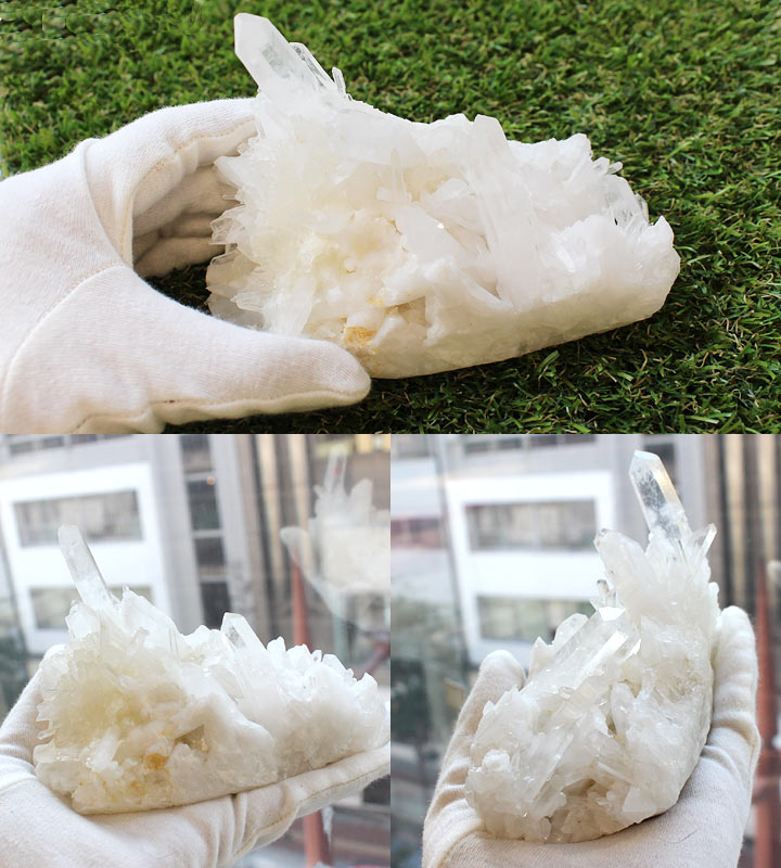中国産 水晶 クラスター 原石 01（天然石 パワーストーン 置物 インテリア）手に持ったイメージ