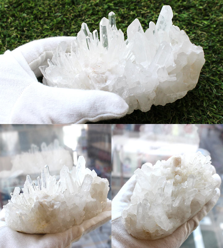 中国産 水晶 クラスター 原石 05（天然石 パワーストーン 置物 インテリア）手に持ったイメージ