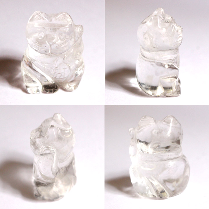 招き猫 ラッキーキャット 水晶（インテリア 天然石 パワーストーン 置物 置き物 加工品 ネコ 高品質 ）を四方向から撮影