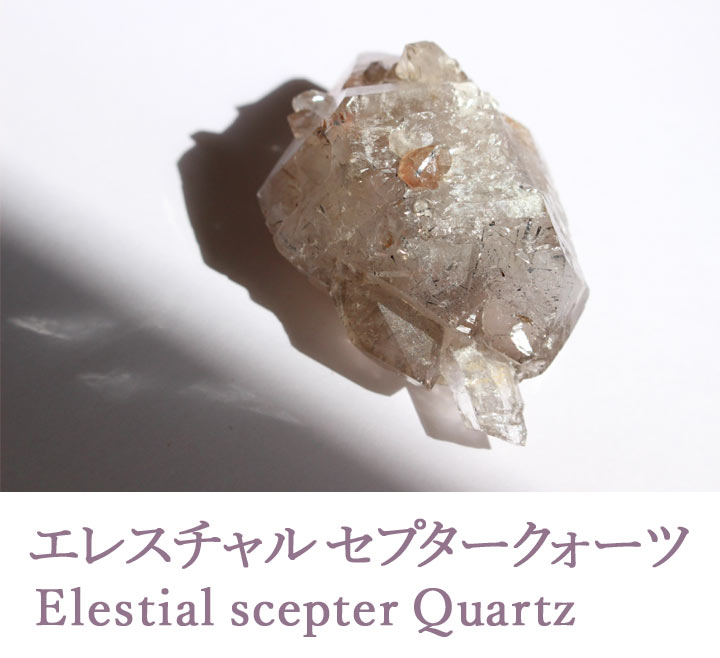 原石 エレスチャルセプター01（天然石 パワーストーン 松茸水晶 インスピレーション 鉱物標本 鉱物）を日光に当てて撮影
